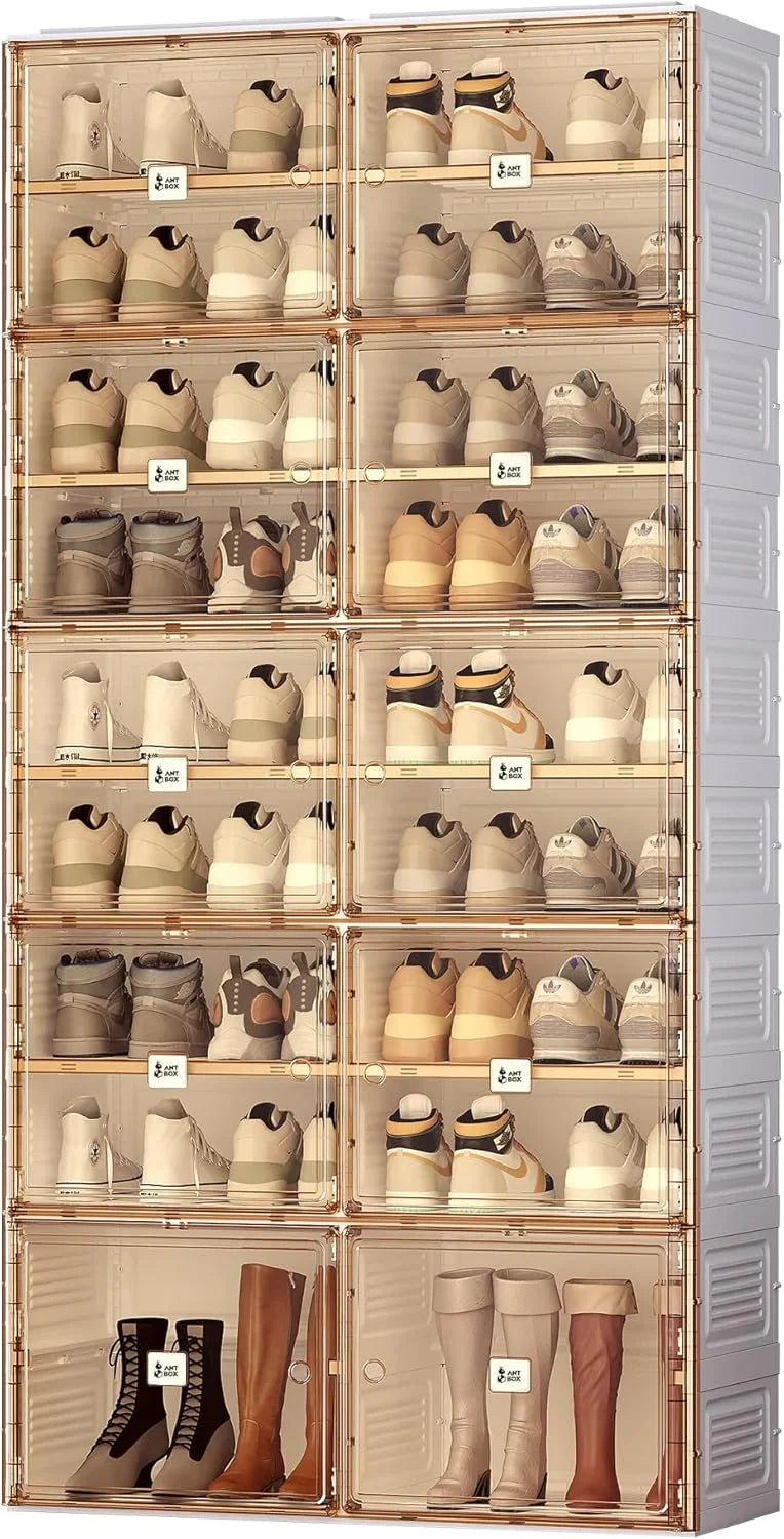 Portable shoe rack organizer, suitable for the entrance of the closet, stackable storage cabinet for sports shoes, shoe cabinet with magnetic transparent doors, large plastic storage container box (with lid), with 5 layers, can hold 20 pairs of shoes