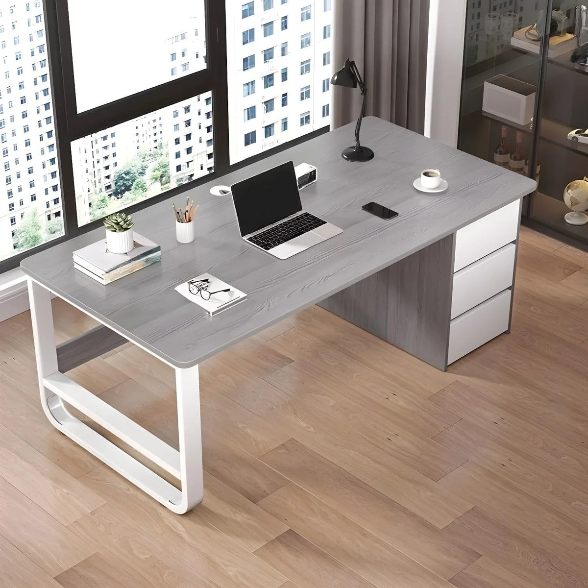 This stylish and modern office desk features an integrated cable management system, a wooden desktop, and a rectangular shape. It comes with three drawers and is ideal for both office and home use. Available in brown, it measures 63 inches in length,