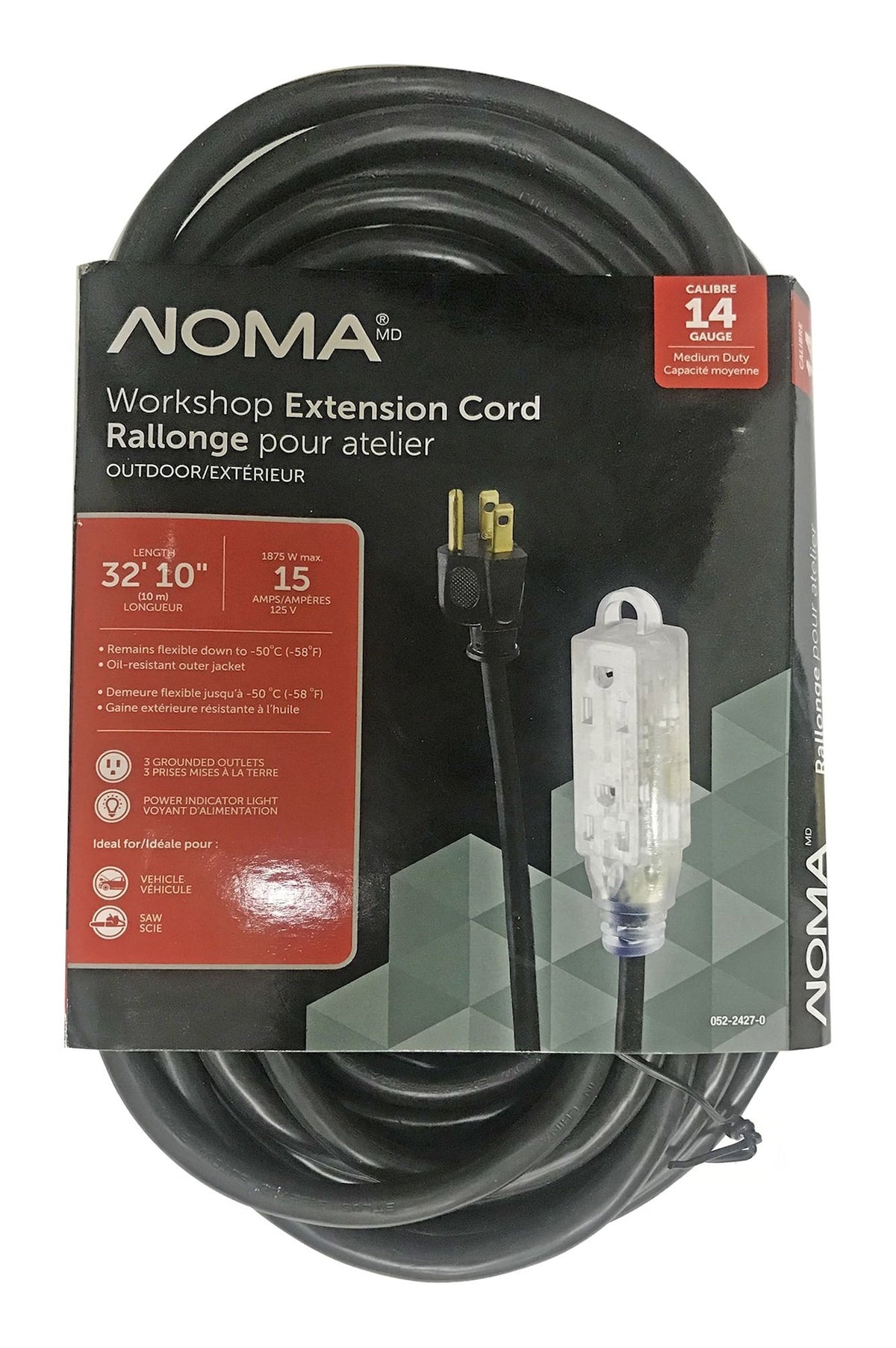 NOMA 32-ft 10-in 14/3 Outdoor Extension Cord with 3 Grounded Outlets and Lighted End, Black