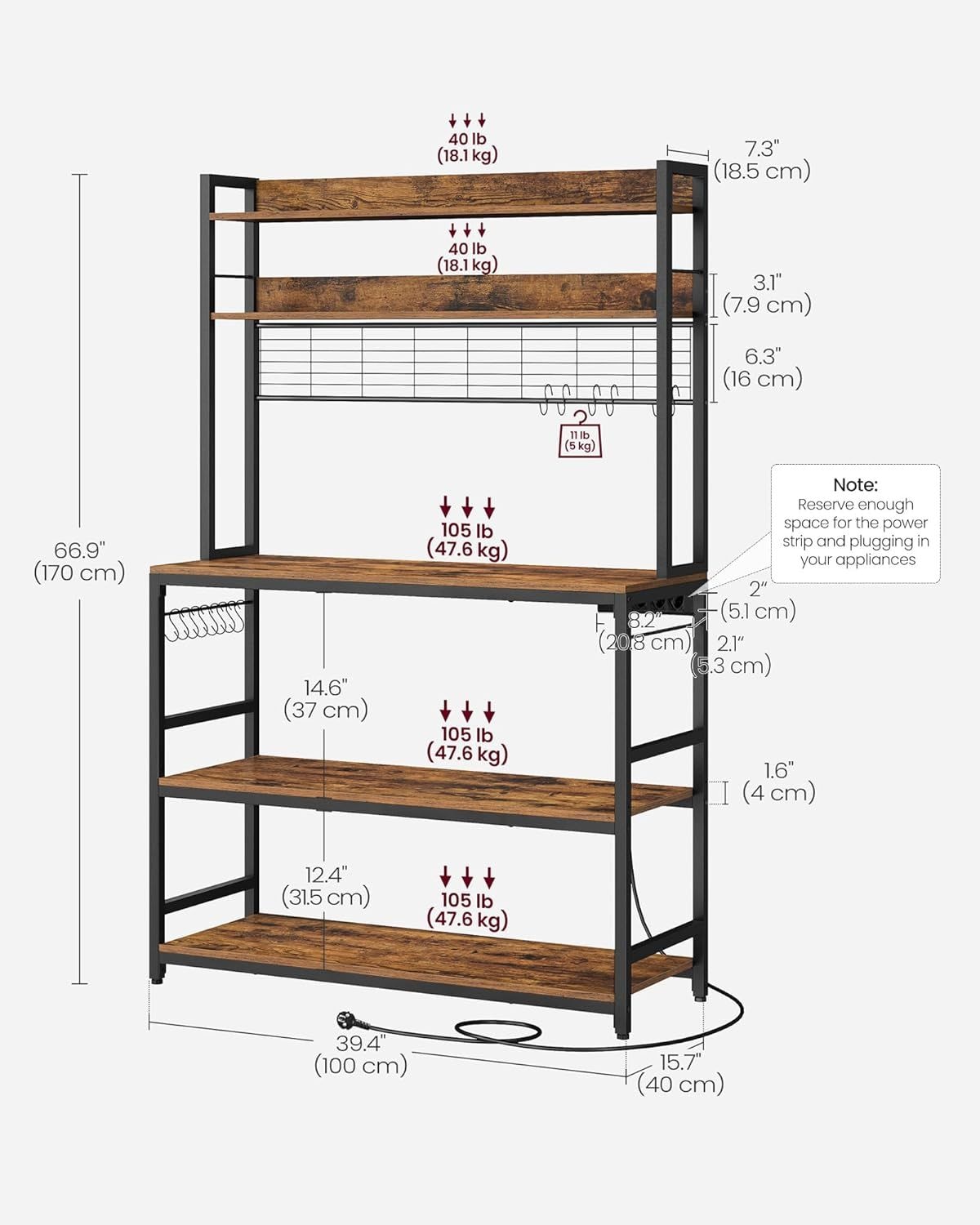 Songmics Home Rustic Brown Baker's Rack with 4 AC Outlets