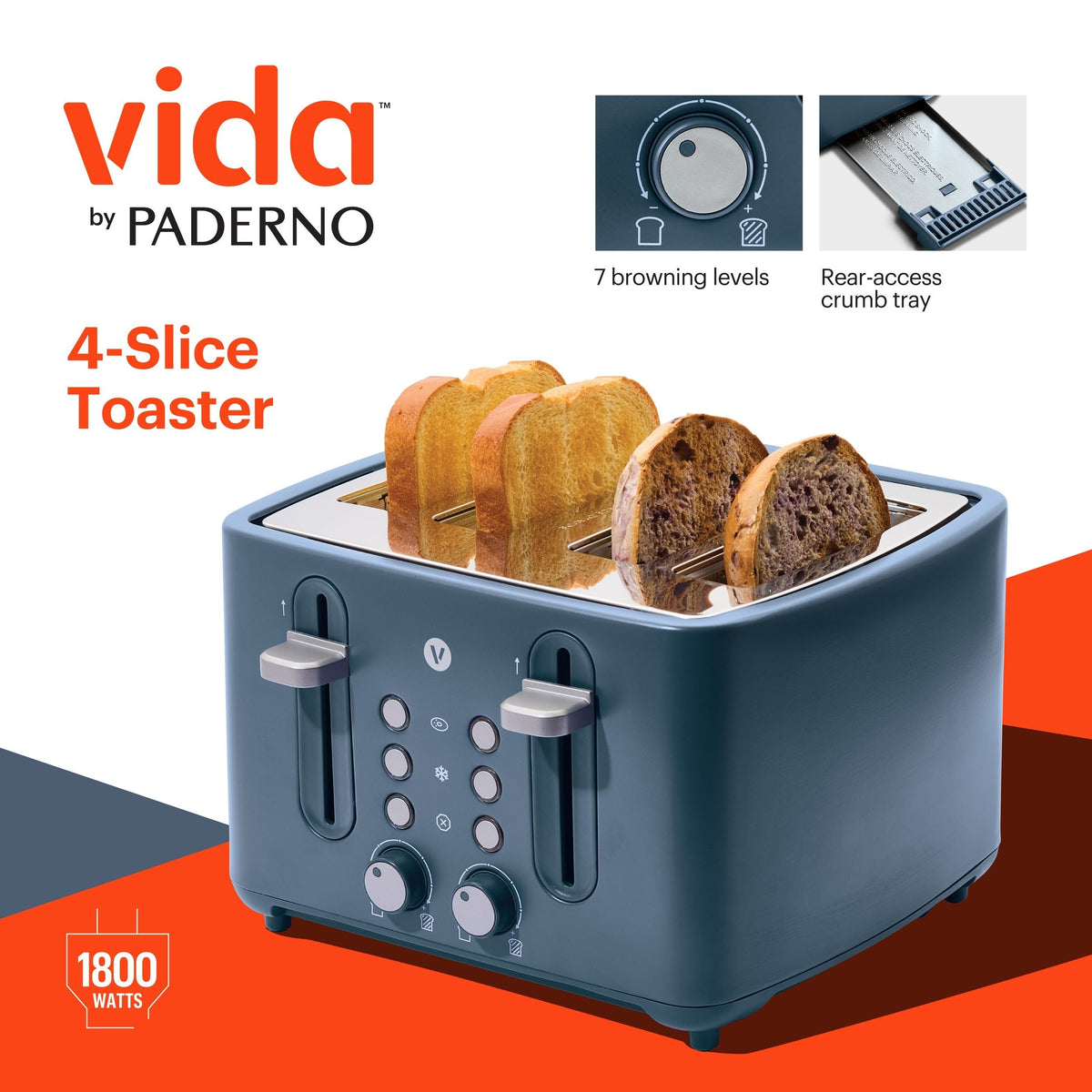 Vida 4-Slice Toaster with Extra-Wide Slots, Bluefin