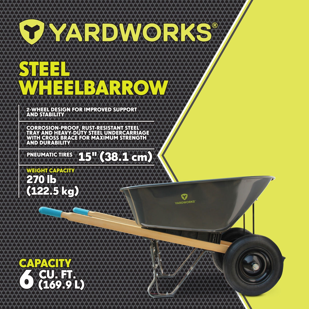 Yardworks Steel Tray 2-Wheel Garden Wheelbarrow, 6-cu-ft