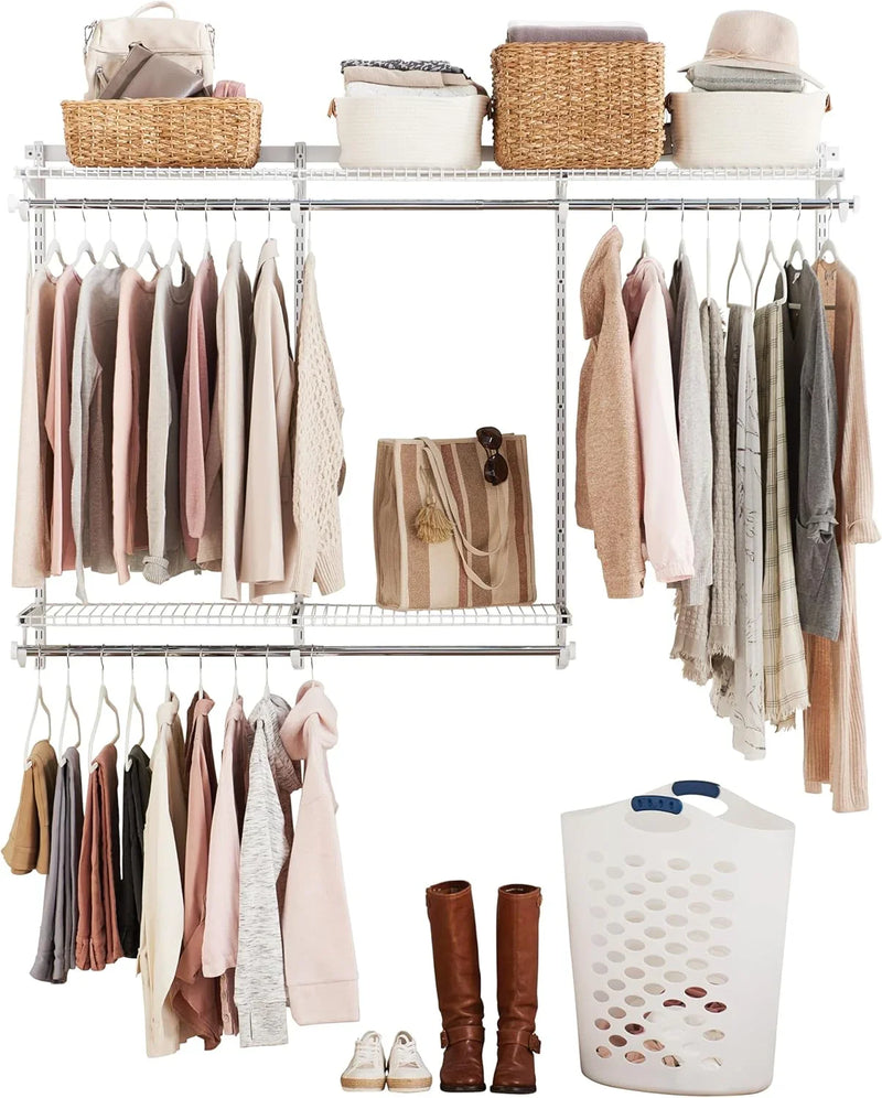 Rubbermaid Configurations Custom Closet Kit 4-8 Ft. Adjustable Metal Wire Shelving White Finish Expandable Organization System Hardware Included for Home Closet/Pantry/Laundry/Mudroom D0