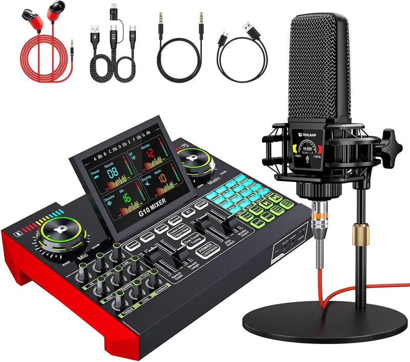 Podcast Equipment Bundle,with 3.5mm Condenser Microphone & Live Sound Card - Audio Mixer for Streaming, PC/Mobile Live Singing, Gaming Content Creators, Soundboard with USB Computer Interface C6