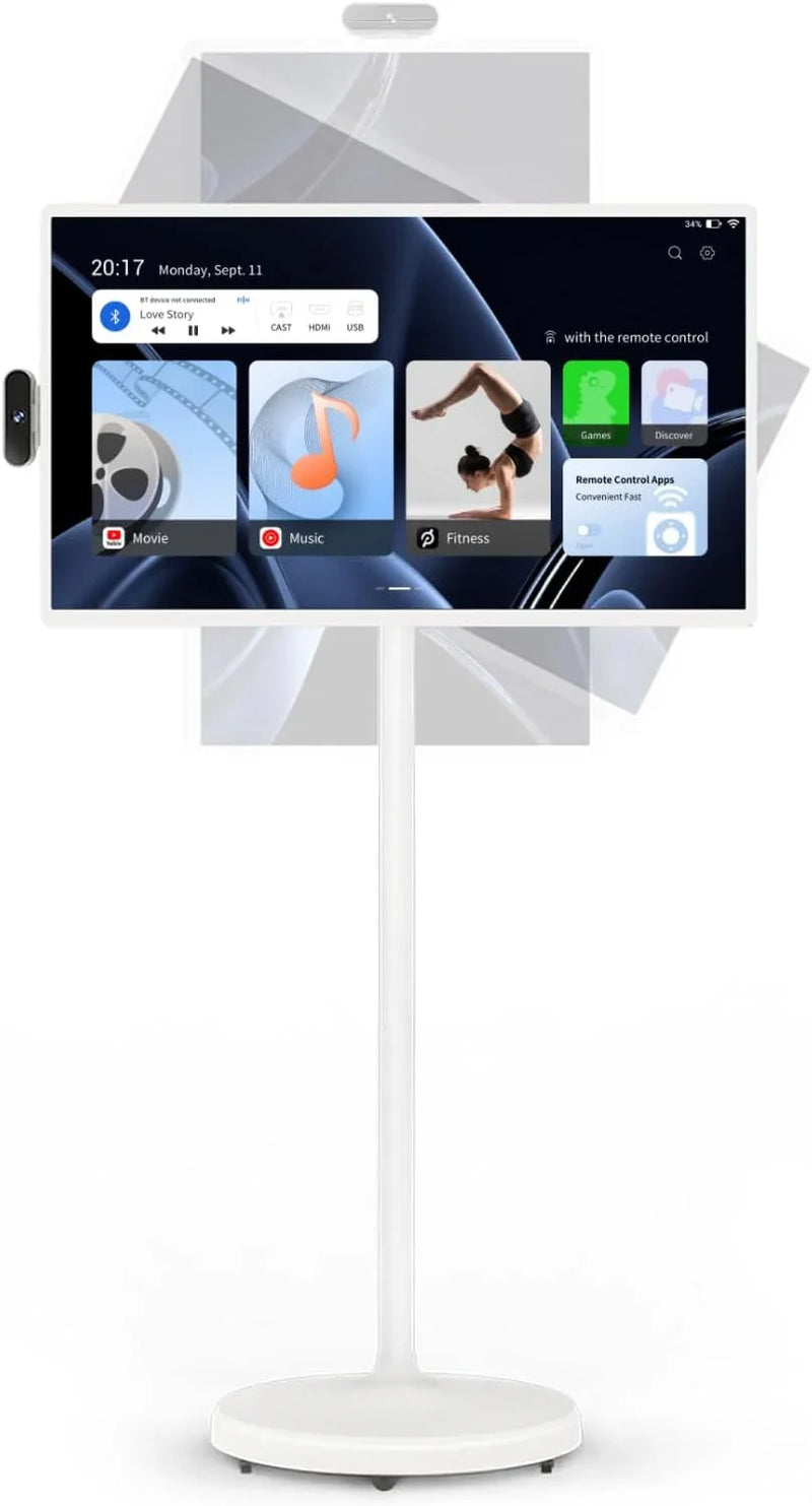 32-Inch Portable TV, 1080P FHD Rolling TV on Wheels with Rotatable Touch Screen, Android 13 OS, 8G RAM 128G Storage, Built-in Battery, Full Swivel Rotation, Voice Remote O8