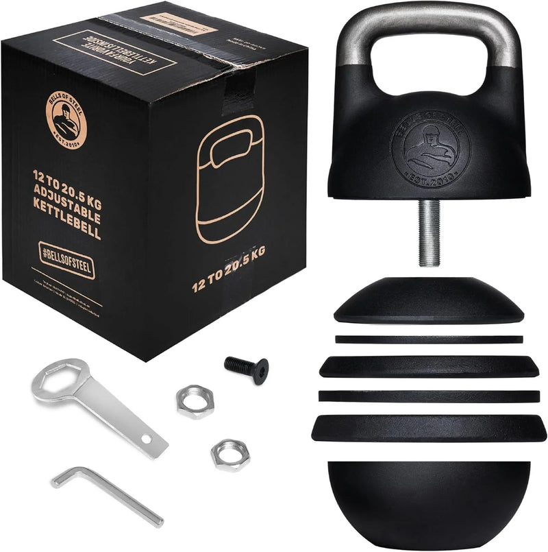 Adjustable Kettlebell Set [Bells of Steel] Kettle Bell Weight Set, Steel Shell, Internally-Loaded for Full Body Workouts, Competition Standard 35mm Handle, 12-20.5kg T1