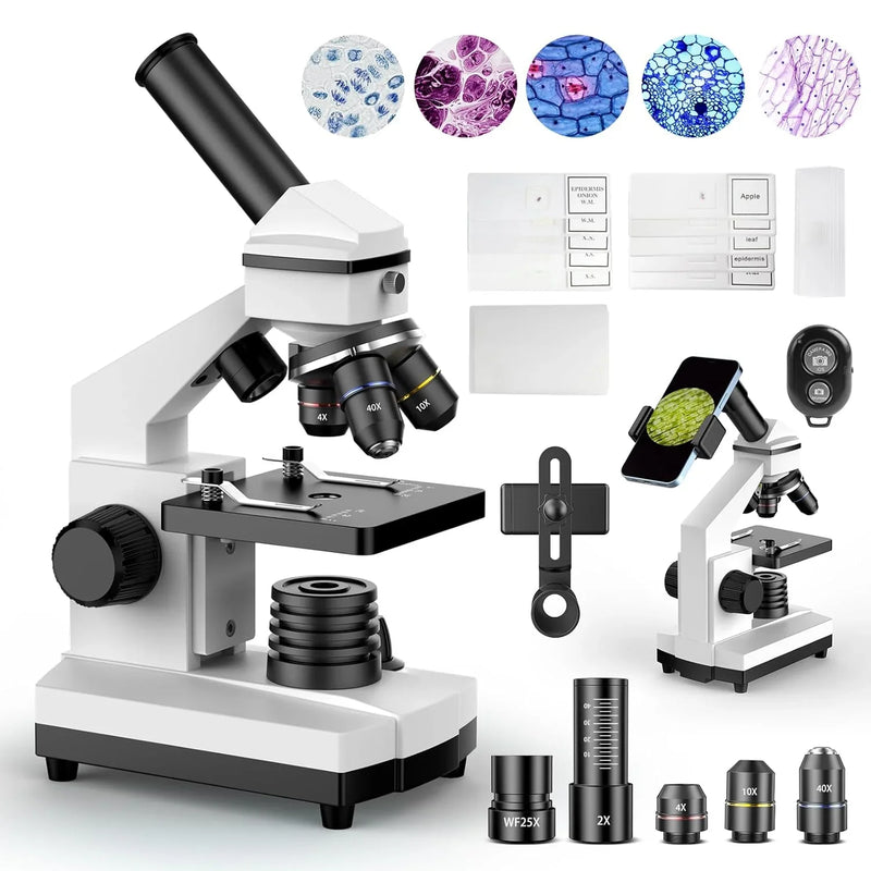 Compound Microscope for Adults & Kids - 100X-2000X High-Power Biological Microscope for Students, School Lab & Home Education, with Slides Set & Phone Adapter (White) J3