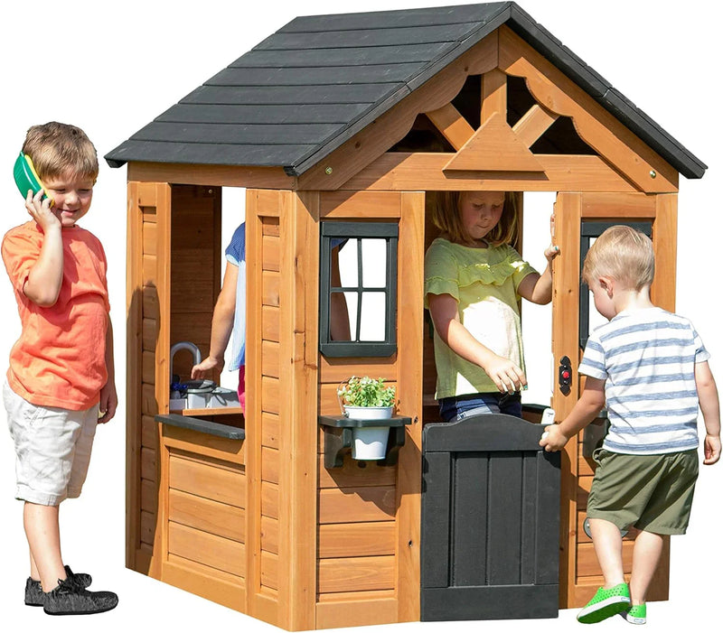 Children's playhouse cabin, equipped with a game kitchen, snack bar, half-door, toy phone, windows, flower pot stand and an operable doorbell, suitable for creative outdoor games. Y0
