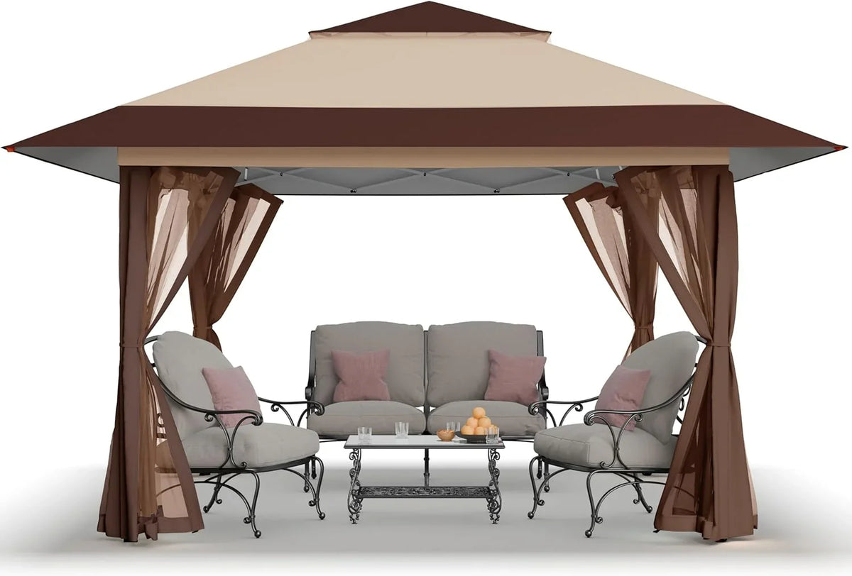 CROWN SHADES 13x13 Pop Up Gazebo, Canopy Tent, Gazebos on Clearance - Outdoor Gazebo for Backyard & Patio Furniture - Carpa Pop Up Tent with Wheeled STO-N-Go Cover Bag (Beige & Coffee)