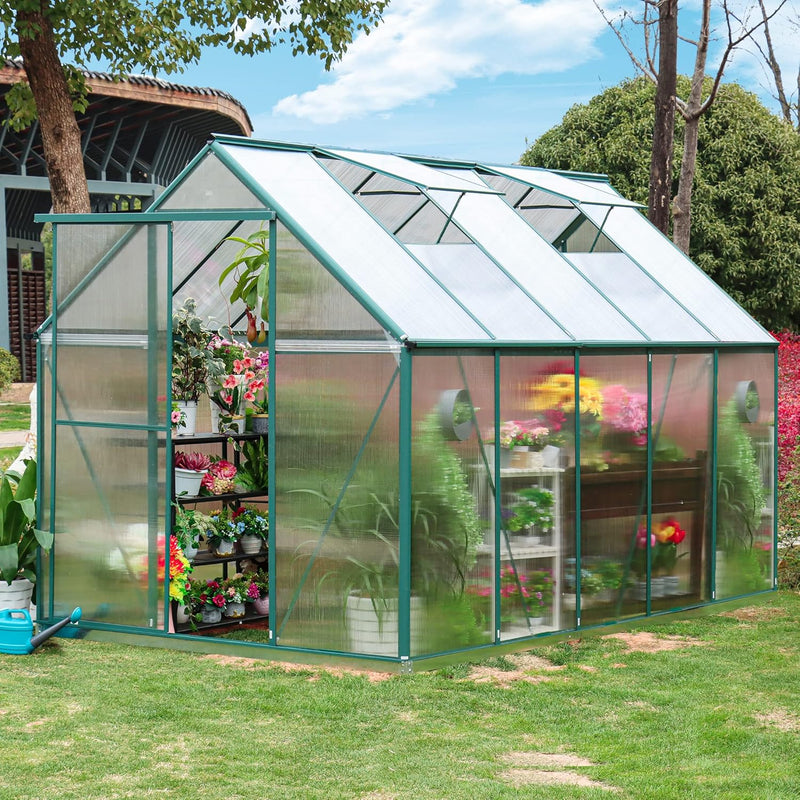6'x10' Walk-in Greenhouse with 4mm 800G Polycarbonate Panels - Heavy-Duty Aluminum Frame, Wind/Snow Resistant for Gardening, Includes Sliding Door & Ventilation Windows (Green) M0