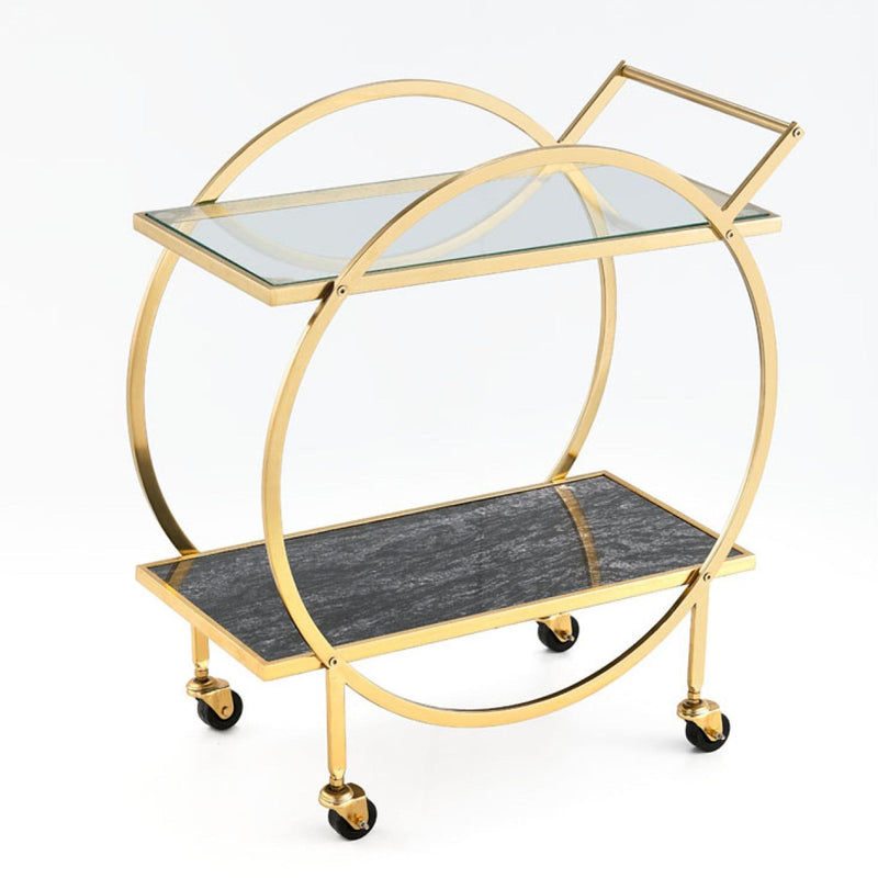 Brassex Zara 2-Tier Circular Rolling Bar Storage Cart with Mirrored Top, Gold B8