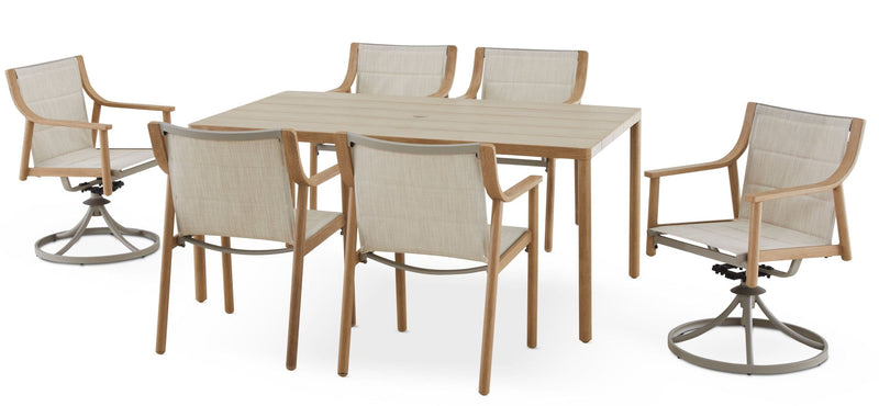 CANVAS Sauble Sling Outdoor Patio Dining Set with Swivel Chairs and Umbrella Hole, Tan, 7-pc J5