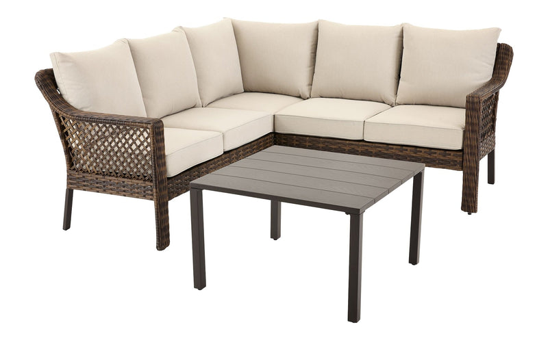 FOR LIVING Bracebridge All-Weather Wicker Outdoor Patio Sectional with Woodgrain Steel Table Top, Brown, 3-pc Q4