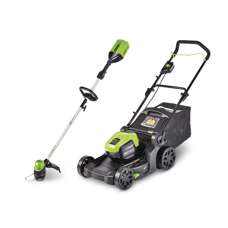 Greenworks 2-in-1 60V 4Ah Battery, Cordless Push Lawn Mower + String Trimmer, 17-in + 13-in S6