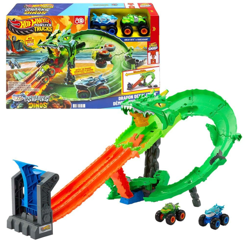 Hot Wheels Sharks vs. Dinos Dragon Destruction Playset with 2 1:64 Hot Wheels Monster Trucks T8