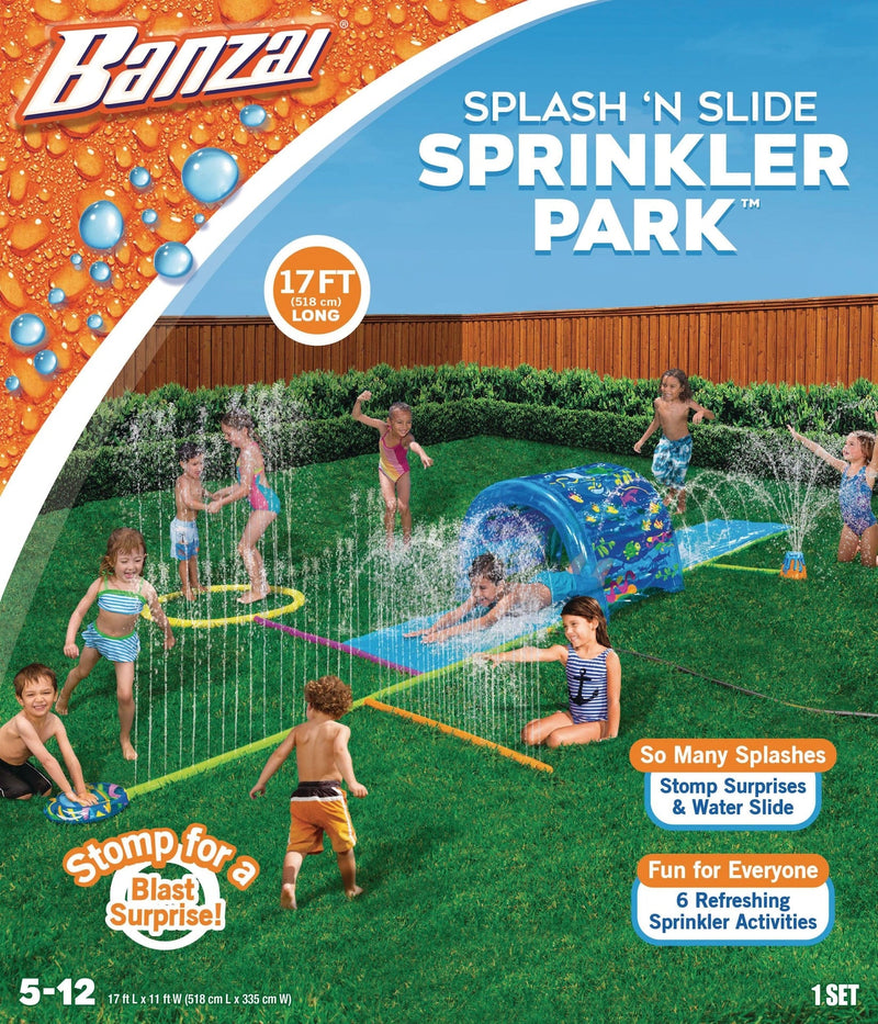 Inflatable Splash ‘N Slide Water Sprinkler Park, Blue, 17-ft, Ages 5+, for Beach/Pool Fun Activities S4