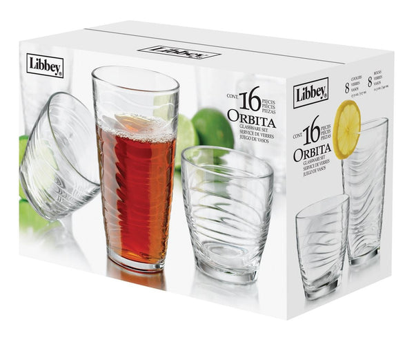 Libbey Orbita 16pc Tumbler Glassware Set, Dishwasher Safe, 8pc x 13-oz and 8pc x 18-oz G8