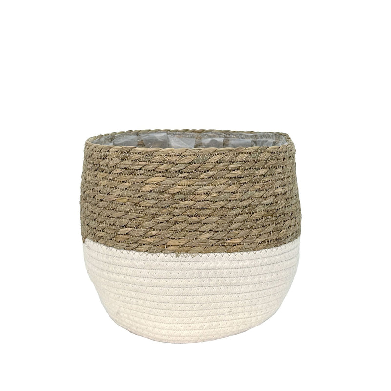 Lynne Weave Cotton Jute Round Basket Planter with Leaf-Proof Plastic Lining, 8-in Z7