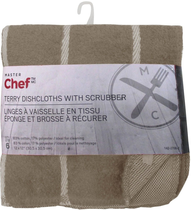 MASTER Chef Terry Cotton Checkered Dishcloths with Scrubber, 12-in x 12-in, 6-pk, Brown Z8