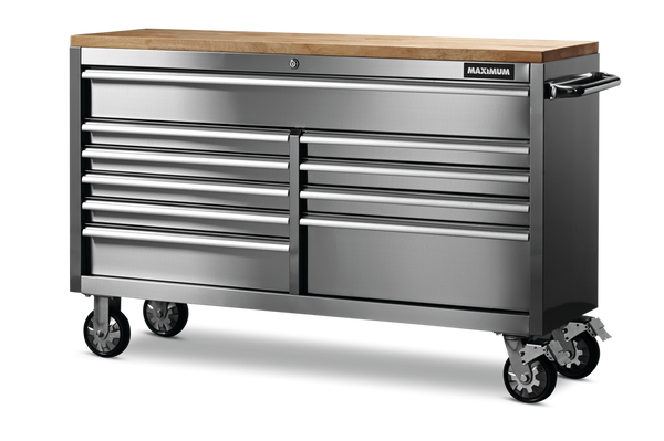 MAXIMUM Butcher Block Top Rolling Tool Storage Cabinet with 10 Drawers, Stainless Steel, 56-in C3