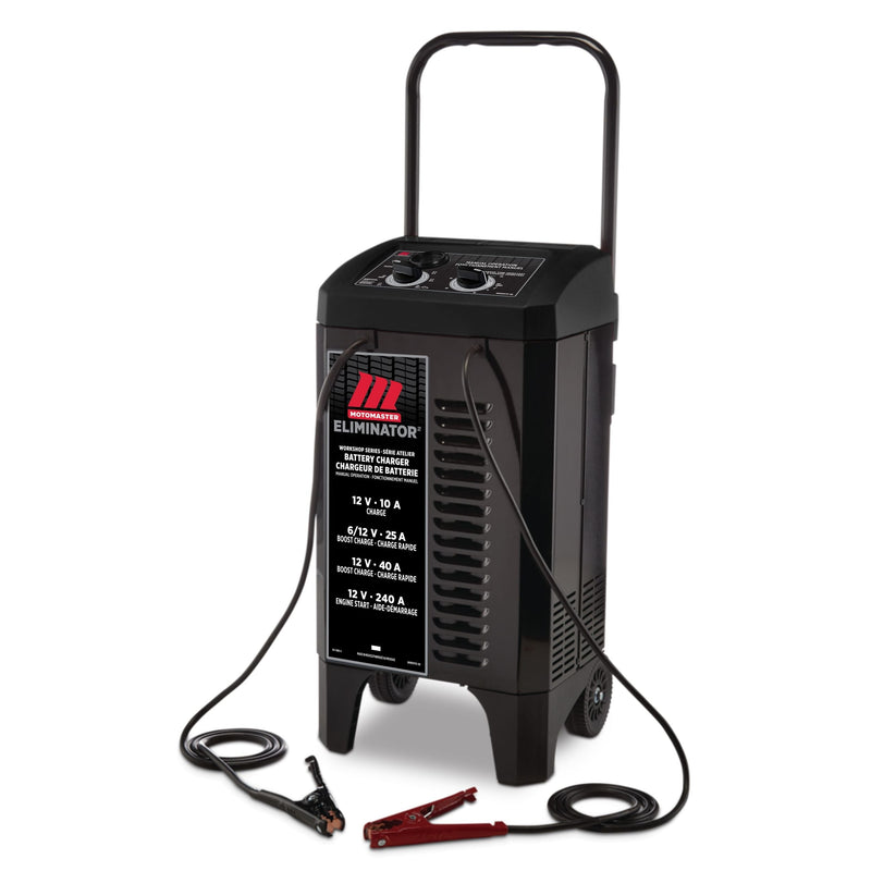 MotoMaster Eliminator Workshop Series Wheeled Battery Charger, Manually-Operated, 40/25/10-Amp, 6 & 12V, with 240-Amp Engine Start Q0