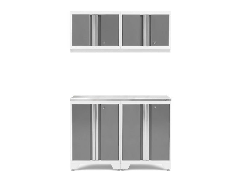 NewAge Bold 3.0 Series All-in-One Lockable Steel Garage Cabinetry Set with Stainless Steel Top, White/Platinum, 48-in x 18-in x 76.75-in, 5-pc C5