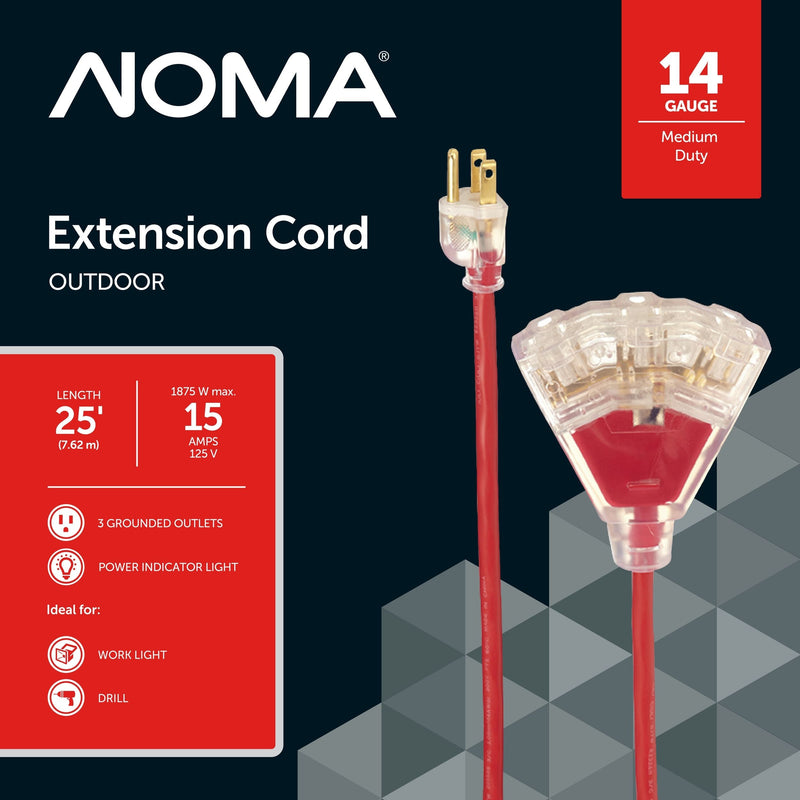 NOMA 14/3 Outdoor Extension Cord with 3 Grounded Outlets & Lighted End, Red O0