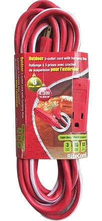 Ritecord 14-ft 7-in 16/3 Outdoor Extension Cord with 3 Grounded Outlets, Red/White/Green H1