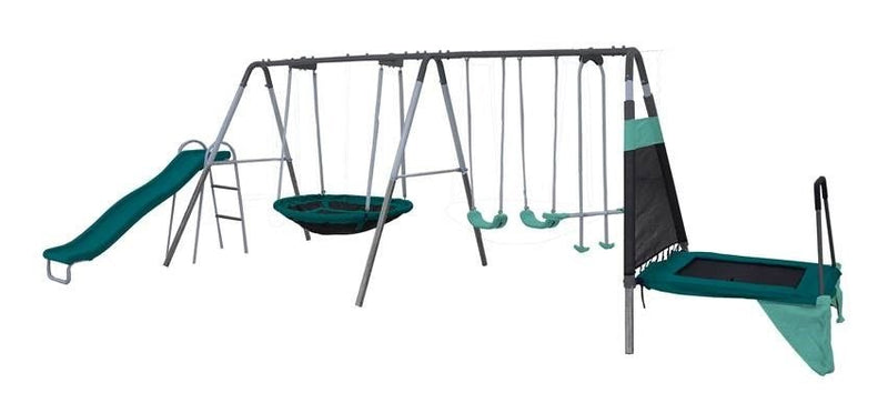 Sportspower Outdoor Ravine Metal Swing Set Combo, 2 Swings, Glider, Trampoline & Saucer E5