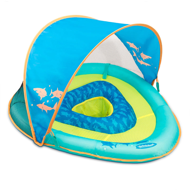 SwimSchool Grow-with-Me Inflatable UV-Protected Baby Swim Float/Boat with Canopy, Blue, Ages 6-24 months Y2