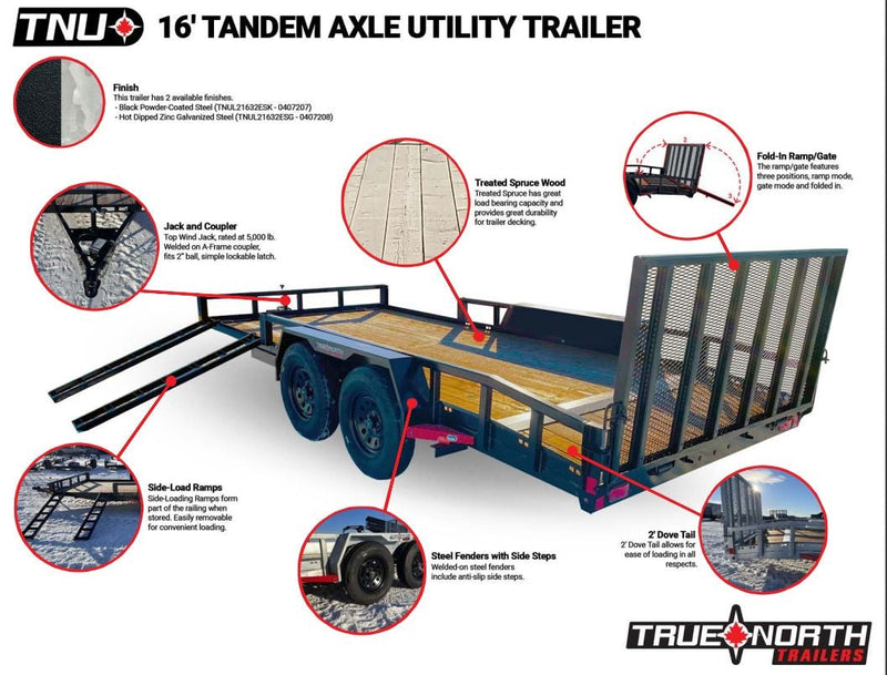 True North 83-in x 16-ft Tandem Axle Utility Trailer, Black G9