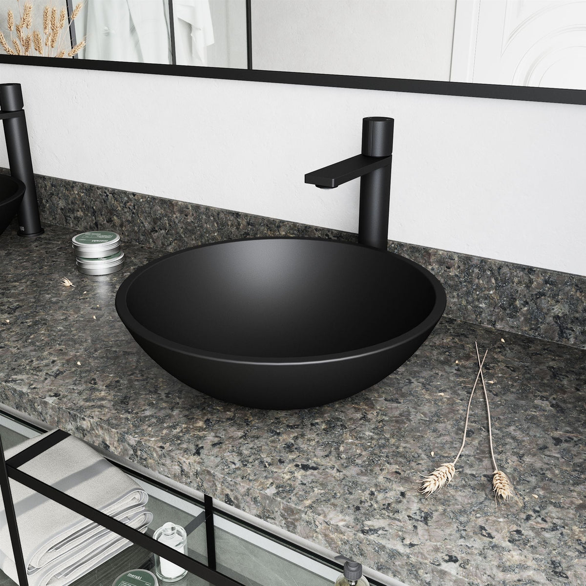 VIGO Cavalli MatteShell Matte Black Bathroom Sink/Basin Set with Gotham Faucet and Round Glass Vessel