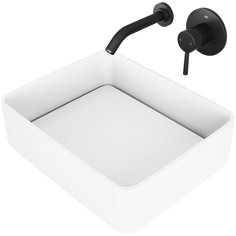 VIGO Jasmine MatteStone White Bathroom Sink/Basin Set with Olus Wall Mount Faucet and Rectangular Composite Vessel I6